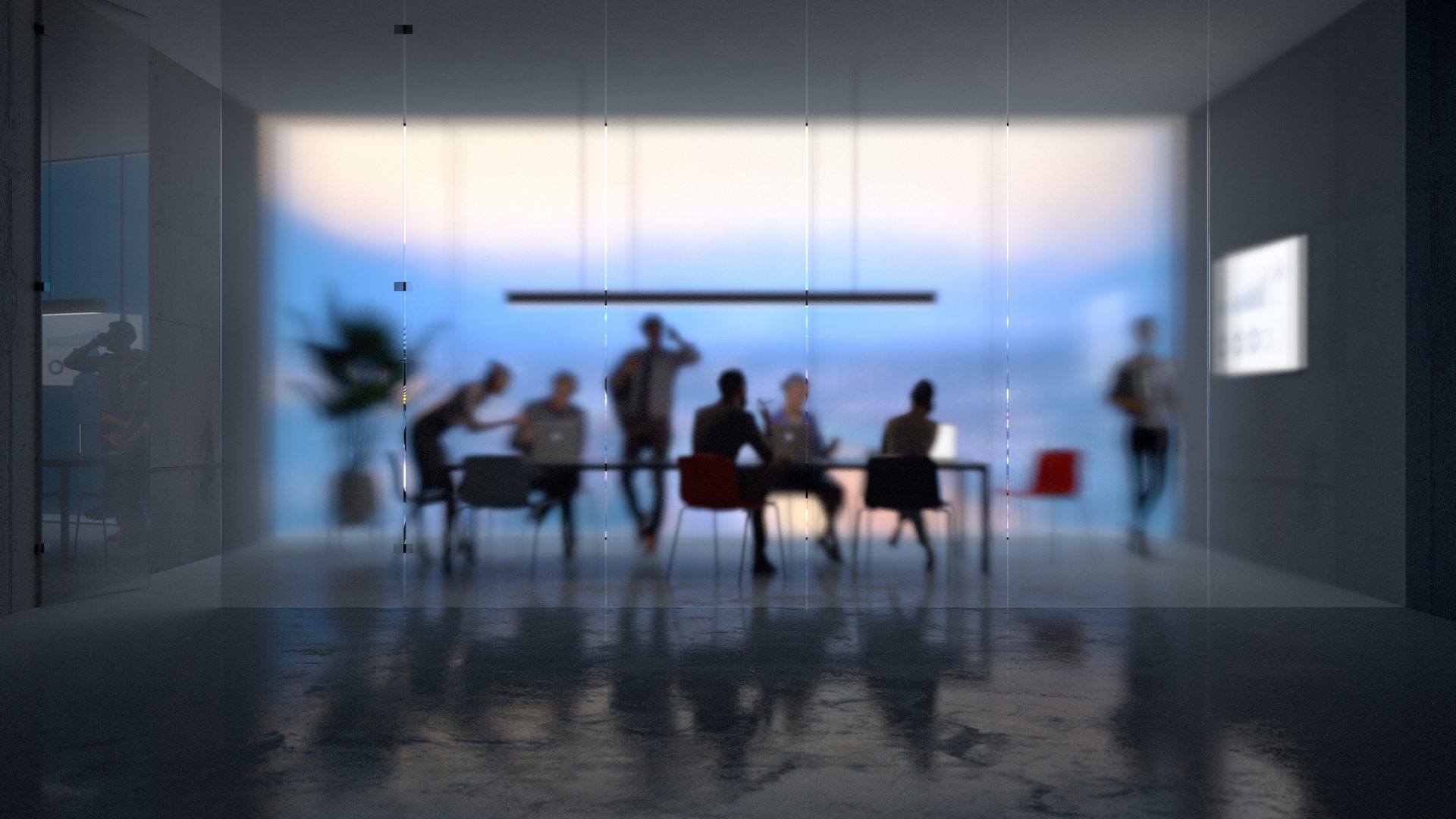 Silhouettes en salle vitrée — réunion crépuscule