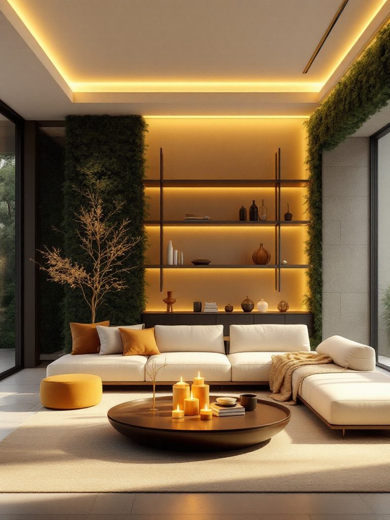 Espace chaleureux avec murs végétaux et éclairage doré